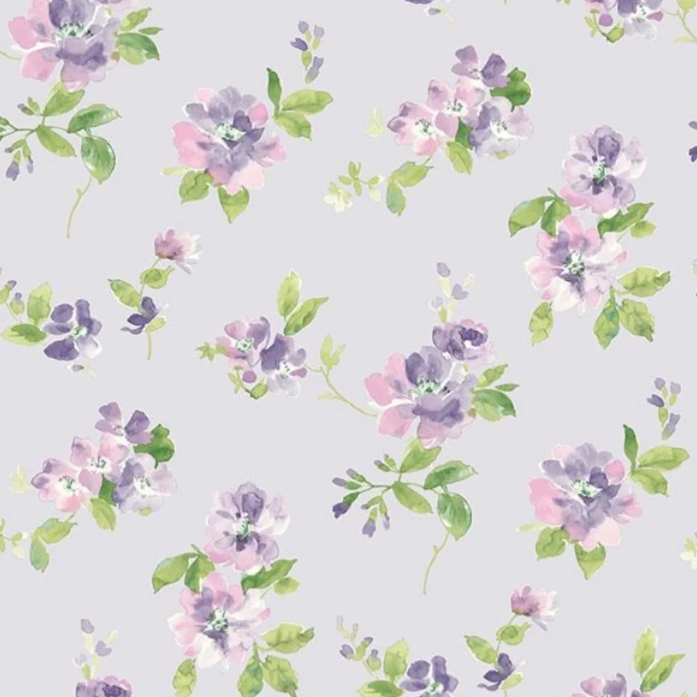 Wallpaper Purple Watercolor Captiva Floral Toss - open roll